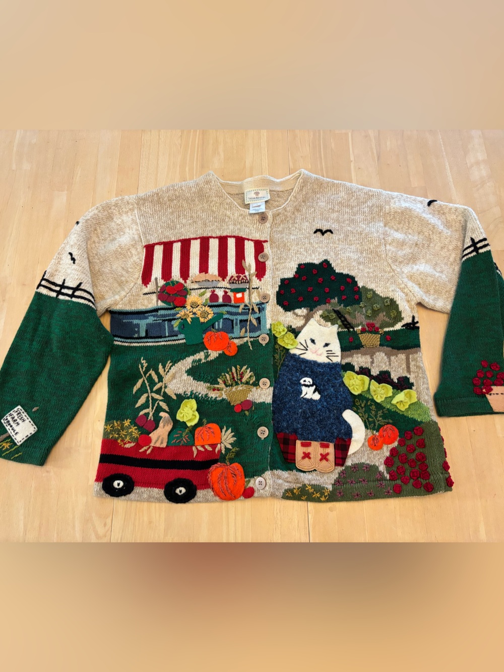 Susan Bristol Vintage 1999 Cat In A Sweater on a Farm!! Fall Autumn Cardigan